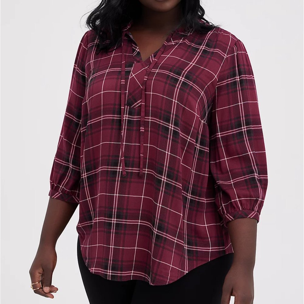 NWT TORRID PEASANT BLOUSE - TWILL PLAID PURPLE SIZE: 2 2X